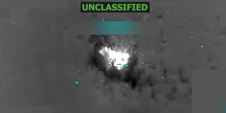 A screenshot from the video President Donald Trump posted to Truth Social on Oct. 14, 2025, showing a U.S. military strike on a boat in the Caribbean Sea. Screenshot: @realDonaldTrump/Truth Social